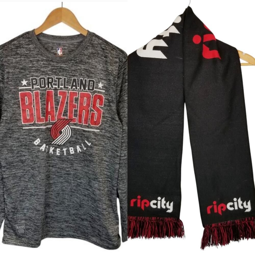 NBA Portland Trailblazers Long Sleeve Gray T-Shirt Size Medium + Rip City Scarf